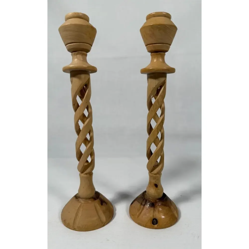 8Vintage Olive Wood Candlesticks Hand Carved Spiral Twist Pair MCM 60s 70s